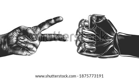 Vector engraved style illustration for posters, decoration and print. Hand drawn sketch of victory hand and robot fist isolated on white background. Detailed vintage woodcut style drawing.
