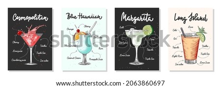 Set of 4 advertising recipe lists with alcoholic drinks, cocktails and beverages lettering posters, wall decoration, prints, menu design. Hand drawn typography with sketches. Handwritten calligraphy.