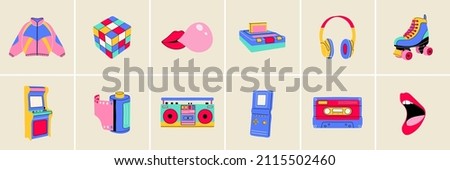 Classic 80s 90s elements in modern style flat, line style. Hand drawn vector illustration: jacket, cube, lips, headphones, roller skate, cassette, recorder, camera roll. Fashion patch, badge, emblem. Сток-фото © 