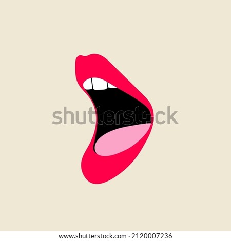 Classic nostalgic 80s-90s element in modern style flat, line style. Hand drawn vector illustration of lips, open mouth, whispering, breathing, singing, talking, podcast. Fashion patch, badge, emblem. 