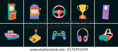 Gaming modern and retro elements in flat line style. Hand drawn vector illustration: Headphones, Game Console, Controller, Slot and Arcade Machine, Logic Game, Joystick, VR glasses, Wheel, Trophy Cup
