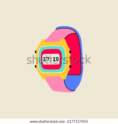 Classic nostalgic digital 80s 90s elements in modern style flat, line style. Hand drawn vector illustration of retro or vintage electronic wrist watches accessory. Fashion patch, badge, emblem, logo