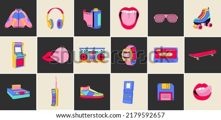 Classic 80s 90s elements in modern flat line style. Hand drawn vector illustration: jacket, cube, lips, headphones, roller skate, cassette, recorder, camera roll etc. Fashion patch, badge, emblem.