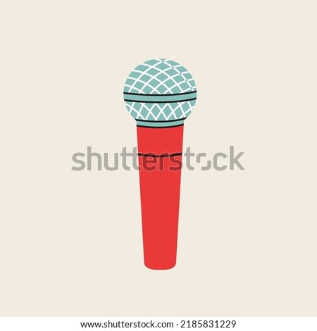 Microphone clip art in modern flat line style. Hand drawn vector illustration of mouthpiece, transmitter, mike, karaoke, studio misc, mic. Music vintage equipment, retro element. Stock foto © 