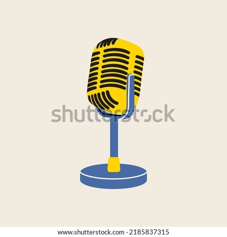 Studio microphone clip art in modern flat line style. Hand drawn vector illustration of mouthpiece, transmitter, mike, podcast, broadcast studio misc, mic. Music vintage equipment, retro element. Stock foto © 