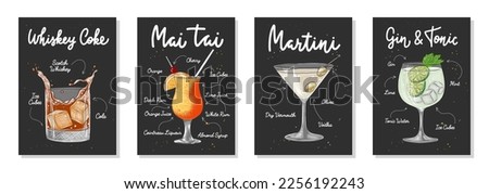 Set of 4 advertising recipe lists with alcoholic drinks, cocktails and beverages lettering posters, wall decoration, prints, menu design. Hand drawn typography with sketches. Handwritten calligraphy.