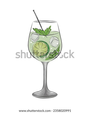 Vector engraved style Hugo alcoholic cocktail with ice cubes, splashes illustration for posters, decoration, menu and logo. Hand drawn sketch of drink, beverage isolated on white background.