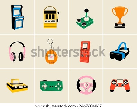 Gaming modern and retro elements in flat line style. Hand drawn vector illustration: Headphones, Game Console, Controller, Slot and Arcade Machine, Logic Game, Joystick, VR glasses, Wheel, Trophy Cup	