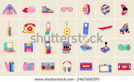 Collection of classic 80s-90s elements in modern style flat, line style. Hand drawn vector illustrations. Fashion patch, badge, emblem.	