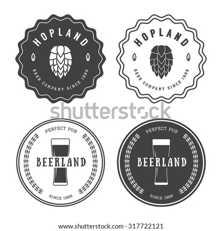 Set of vintage beer and pub logos, labels and emblems with bottles, hops, and wheat. Illustration