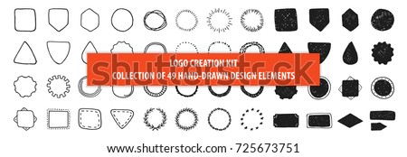 Set of 49 vintage hand drawn vector design elements, signs and symbols templates for your logotype, emblems. Collection of simple doodles frames, ribbons and labels isolated on white background.