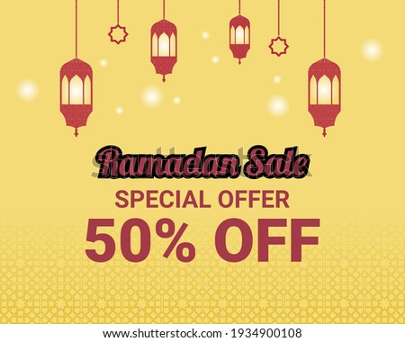 Ramadan sale with yellow theme. ramadhan sale banner with special offer 50% off. ramazan sale with islamic lantern and octagonal star as decoration. good for banner, social media post, poster,etc.