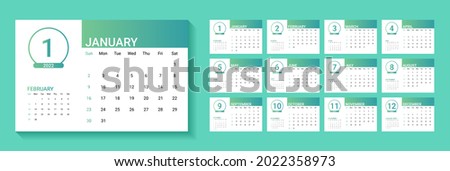 vector of 2022 calendar. set of 12 month template. desk calender with blue and green gradient themes. sunday as weekend. week start on sunday. good for schedule, daily log, planner, etc.