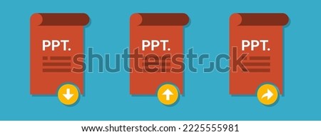 Vector PPT download icon, PPT upload icon,and PPT share icon. Presentation file format logo with download, upload, and share label.PPT or PPTX file format. Powerpoint icon.