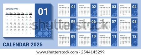 Desk Calendar 2025 with Islamic Hijri calendar . Calendar 2025 with landscape or horizontal design. week start on Sunday. Sunday as weekend. Friday as holy day marked with green.A5 format size.