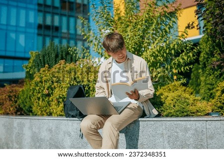 Similar – Image, Stock Photo Man sitting on his pretty motorcycle