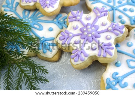 Christmas Snowflakes sugar cookies with pine tree branch