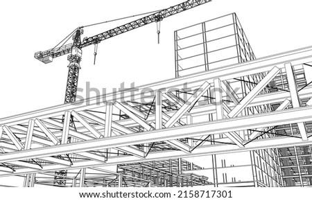 under construction site engineering with tower crane architecture 3D illustration line sketch