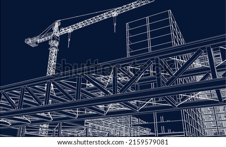 under construction site engineering with tower crane architecture 3D illustration line sketch blueprint