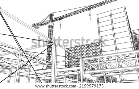 urban under construction site engineering with tower crane 3D illustration line sketch