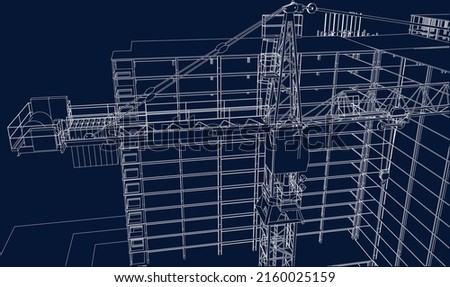 urban under construction site building with tower crane 3D illustration line blueprint