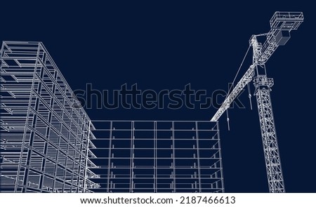under construction engineering with tower crane architecture 3D illustration line blueprint