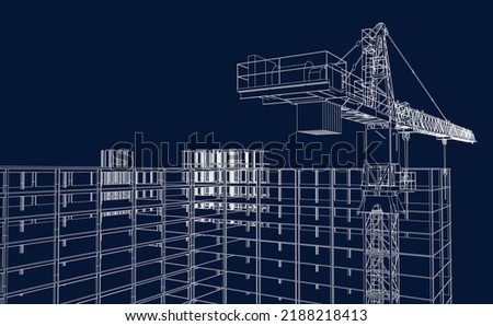 under construction site engineering with frame structure and tower crane 3D illustration line sketch blueprint