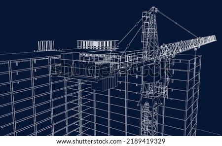 under construction site with tower crane ad frame structure illustration line sketch blueprint