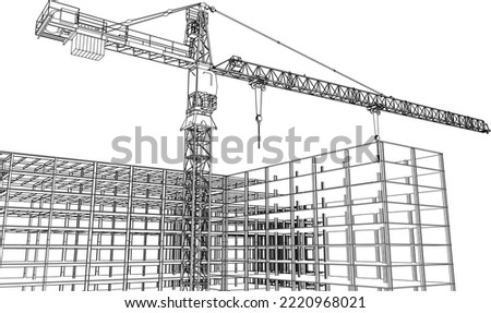 under construction site engineering frame structure with tower crane 3D illustration line sketch