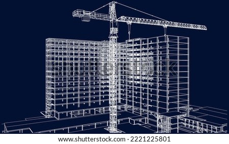 under construction site engineering with tower crane architecture civil 3D illustration line blueprint