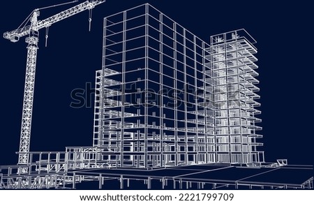 under construction site with frame structure and tower crane architecture 3D illustration line blueprint