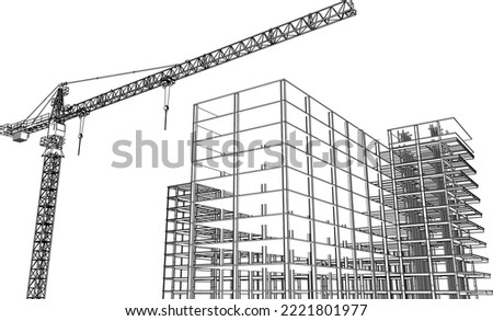 construction site engineering frame structure with tower crane 3D illustration line