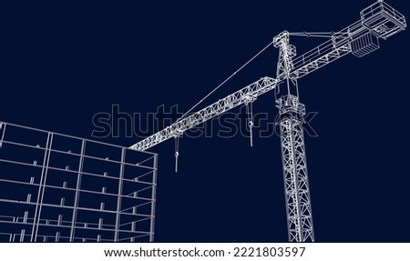 under construction site engineering architecture frame structure with tower crane 3D illustration blueprint