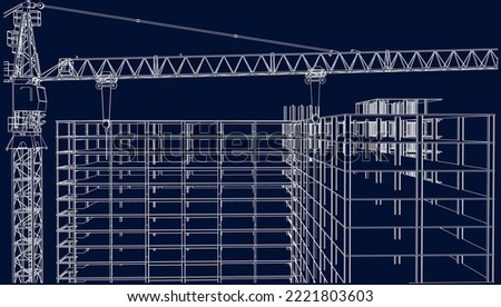 under construction site engineering building frame structure with tower crane 3D illustration line blueprint