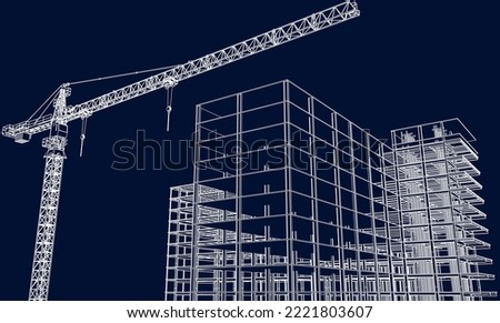 construction site engineering frame structure with tower crane 3D illustration line blueprint