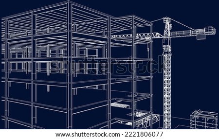 construction site civil engineering steel frame structure 3D illustration line blueprint