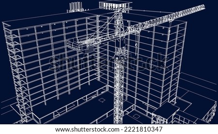 under construction site building frame with tower crane structure 3D illustration blueprint