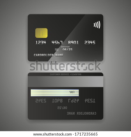 Realistic detailed credit cards set black card. Front and back side template. Money, payment symbol. Vector illustration