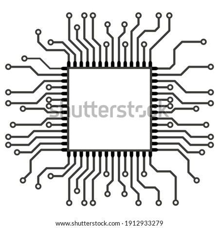 Microchip CPU and glowing conductive tracks. Vector illustration.