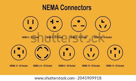 Range of NEMA connectors with naming. Electric outlet line icons