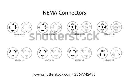 Range of NEMA connectors with naming. NEMA connectors are power plugs and receptacles used for AC mains electricity. Electric outlet line icons