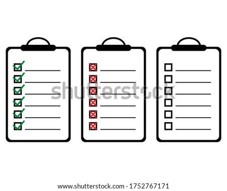  Clipboard , to do list icon.  Green check mark and red cross. Vector illustration . 10 eps