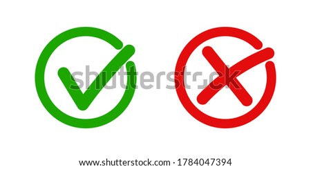 Checkmark icon . Green check mark and red cros. Flat tick and cros ,Vector illustration on whit background .   Checkmark sign in circle . 10 eps