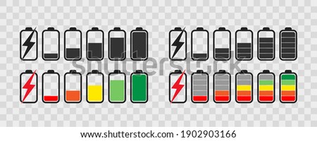 Battery icon set .  Collection of charge battery level indicators. Charge indicator , vector illustration. Smartphone accumulator. 10 eps
