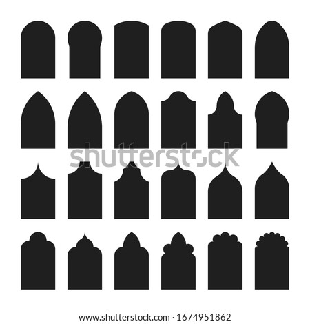 Architectural type of arches shapes and forms. Traditional western and Islamic culture design. Arch, door and window design big collection. Vector silhouette isolated on white background 商業照片 © 