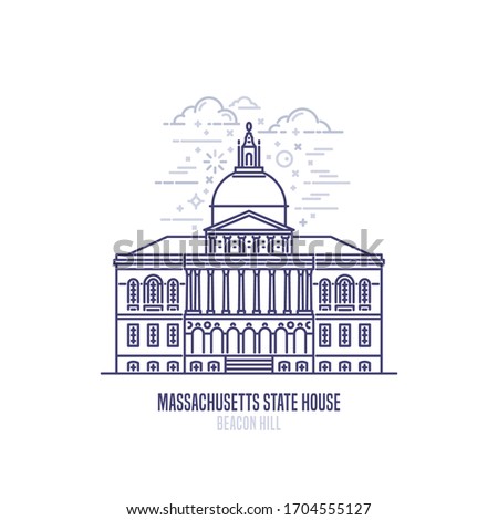 Massachusetts State House located in Beacon Hill city. The seat of government for the U.S. state of Massachusetts. The great example of Federal architecture. City sight linear vector icon