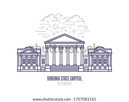 Virginia State Capitol located in Richmond city. The seat of government for the U.S. state of Virginia. The great example of Palladian architecture. City sight linear style vector icon