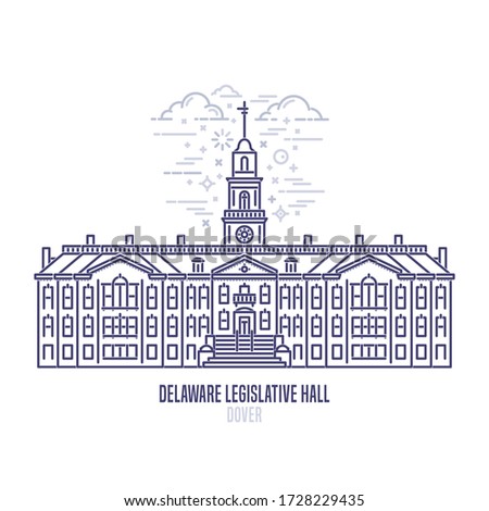 Delaware Legislative Hall located in the city of Dover. The state capitol building and government of U.S. state Delaware. The great example of Colonial Revival style. City sight linear vector logo
