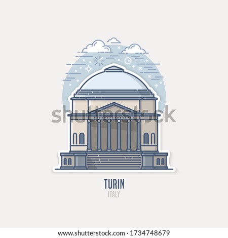 Gran Madre di Dio - an iconic landmark located in Turin, region of Piedmont, Italy. A beautiful church in Neoclassic-style. City sight vector icon in simple thin line art style