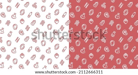 Vector pattern of meat delicacies. Icons in flat style, stylized sausages, sausages, sausages. Contour sausage icons in the background. Scalable background.